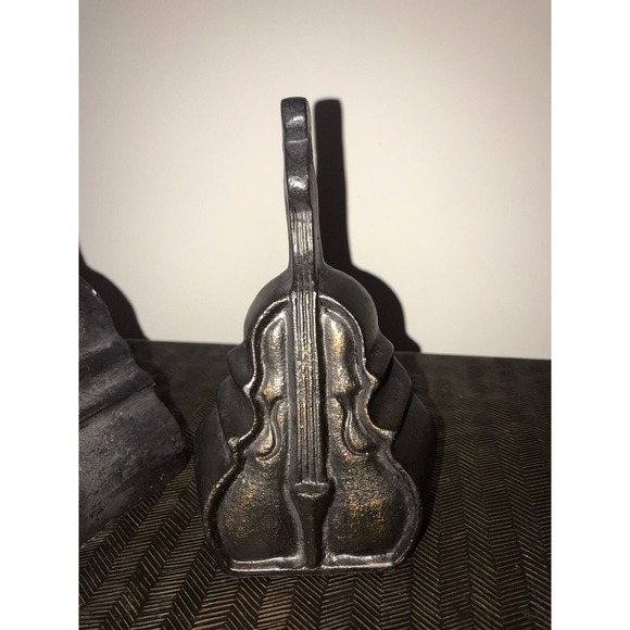 Set of 2 Heavy Bookends, Upright Bass Instrument, Decorative, Patina Finish - Picture 11 of 12
